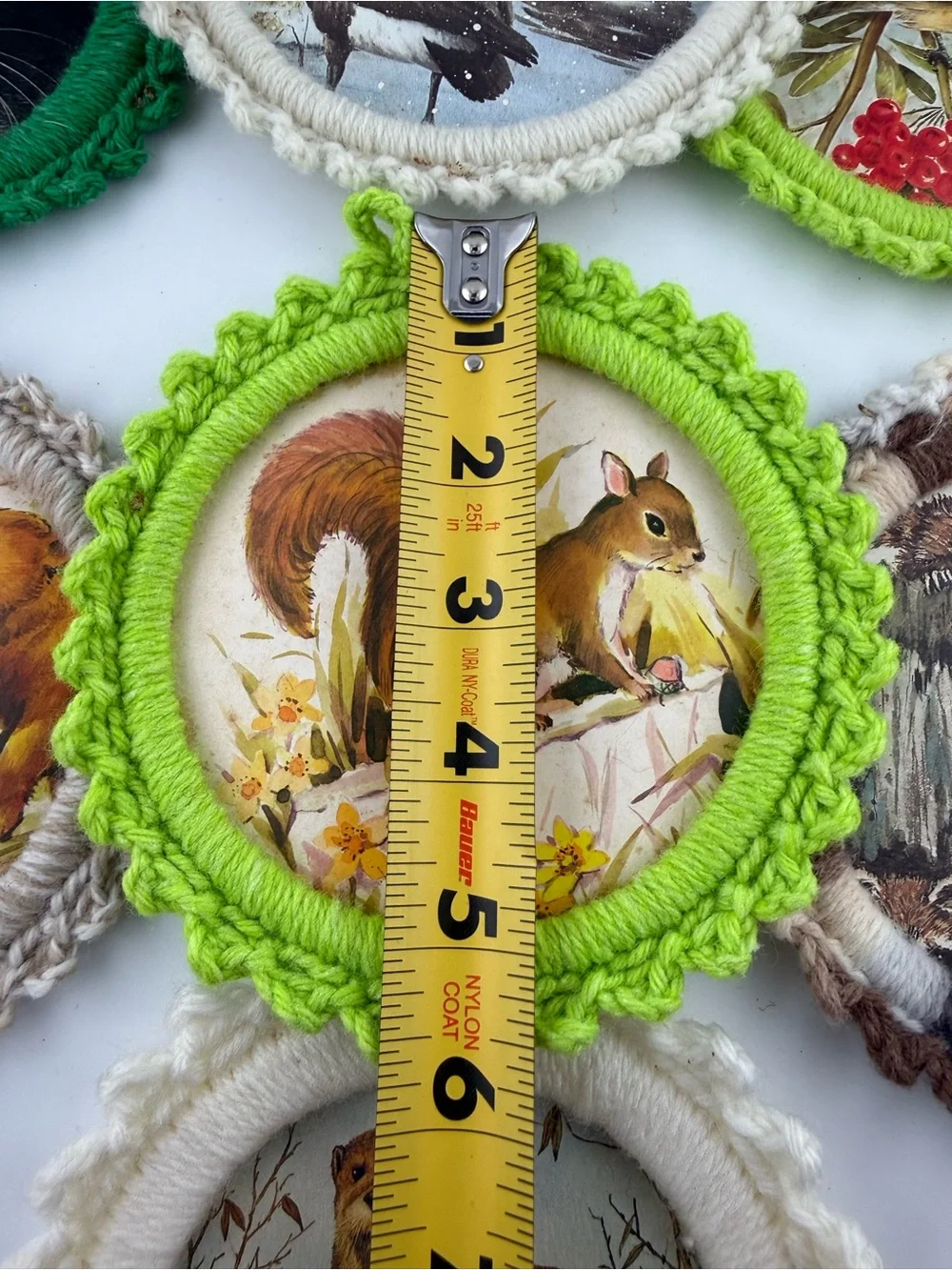 7 Vintage crochet-trimmed yarn frame Xmas ornaments